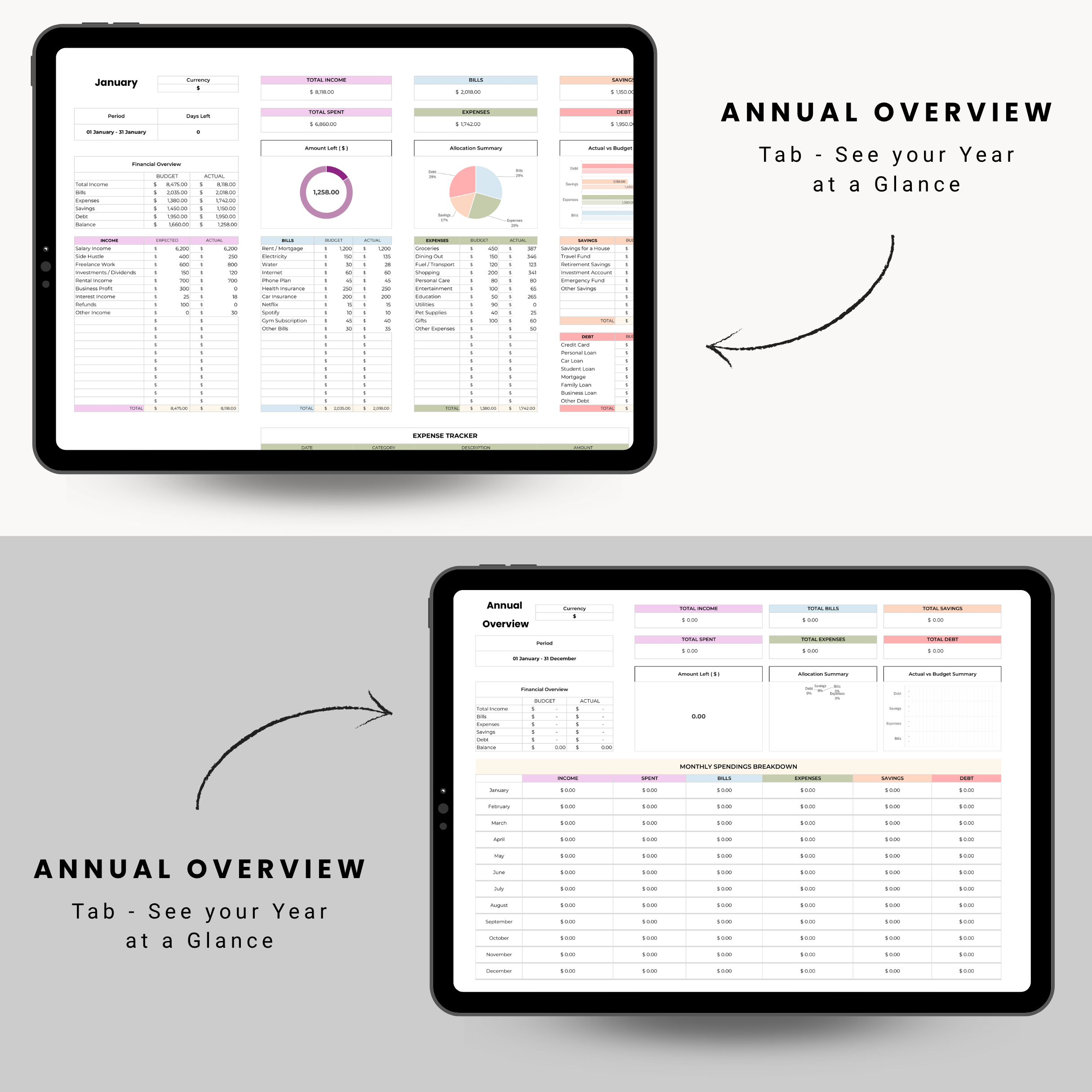 Smart Annual Budget Spreadsheet for Google Sheets & Excel | All Currencies| Automatic Calculations & Video Tutorial