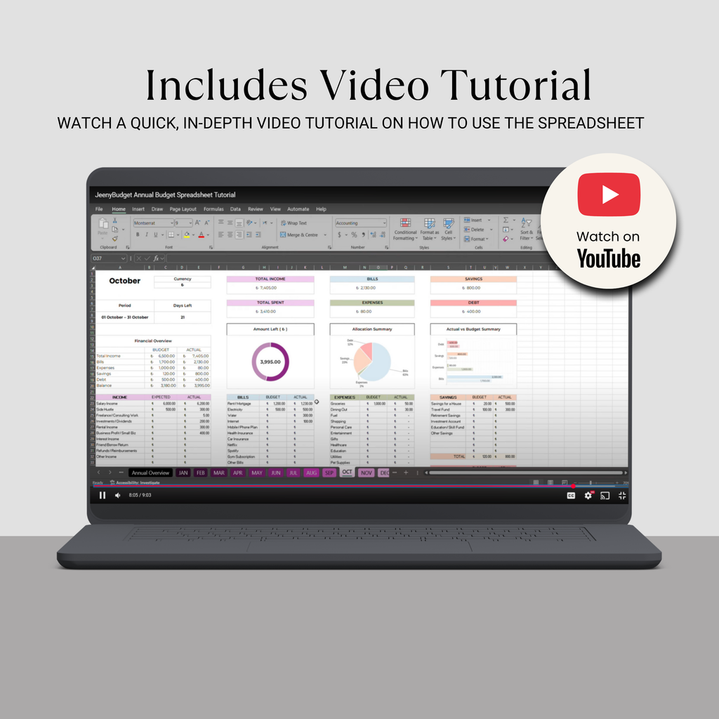 Smart Annual Budget Spreadsheet for Google Sheets & Excel | All Currencies| Automatic Calculations & Video Tutorial