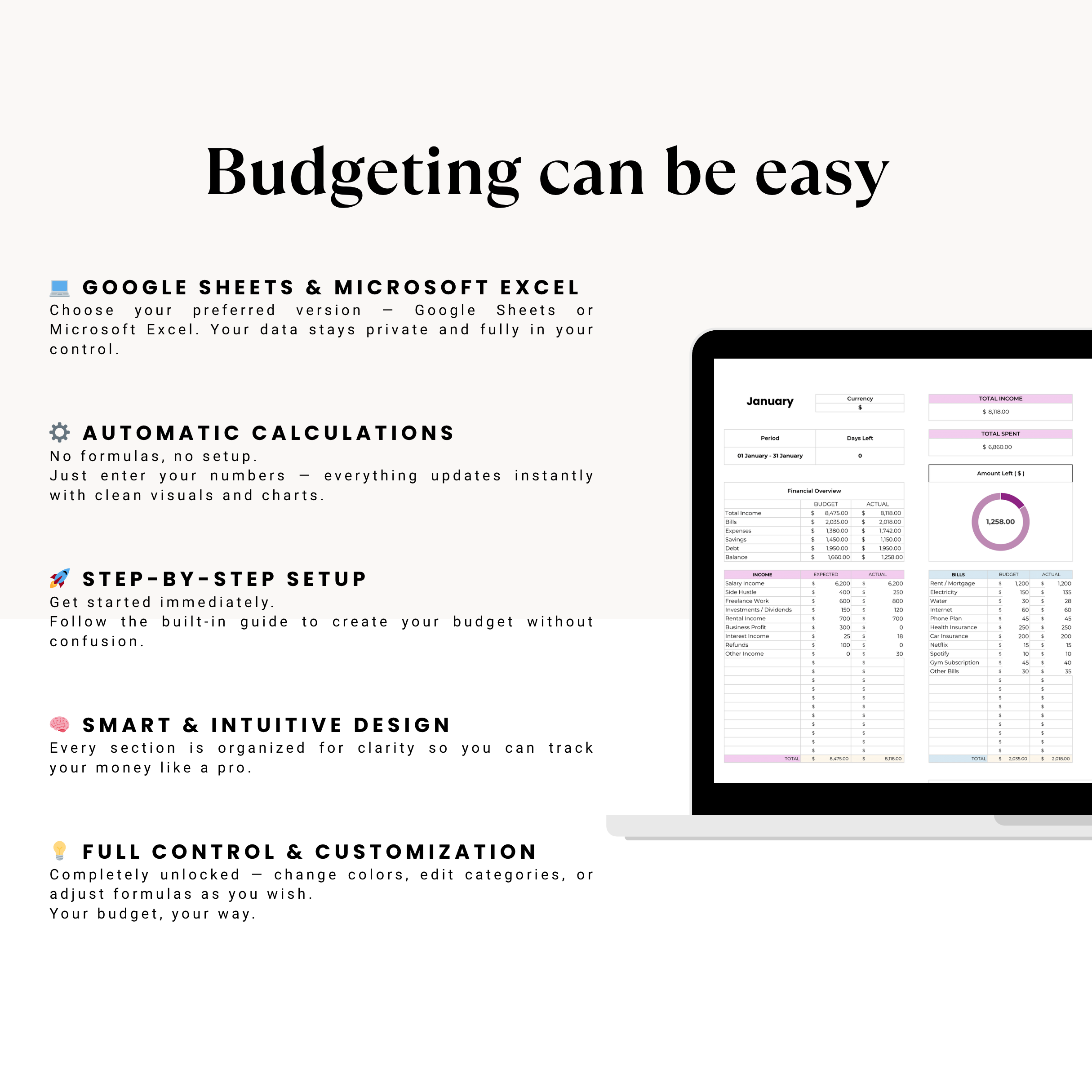 Smart Annual Budget Spreadsheet for Google Sheets & Excel | All Currencies| Automatic Calculations & Video Tutorial